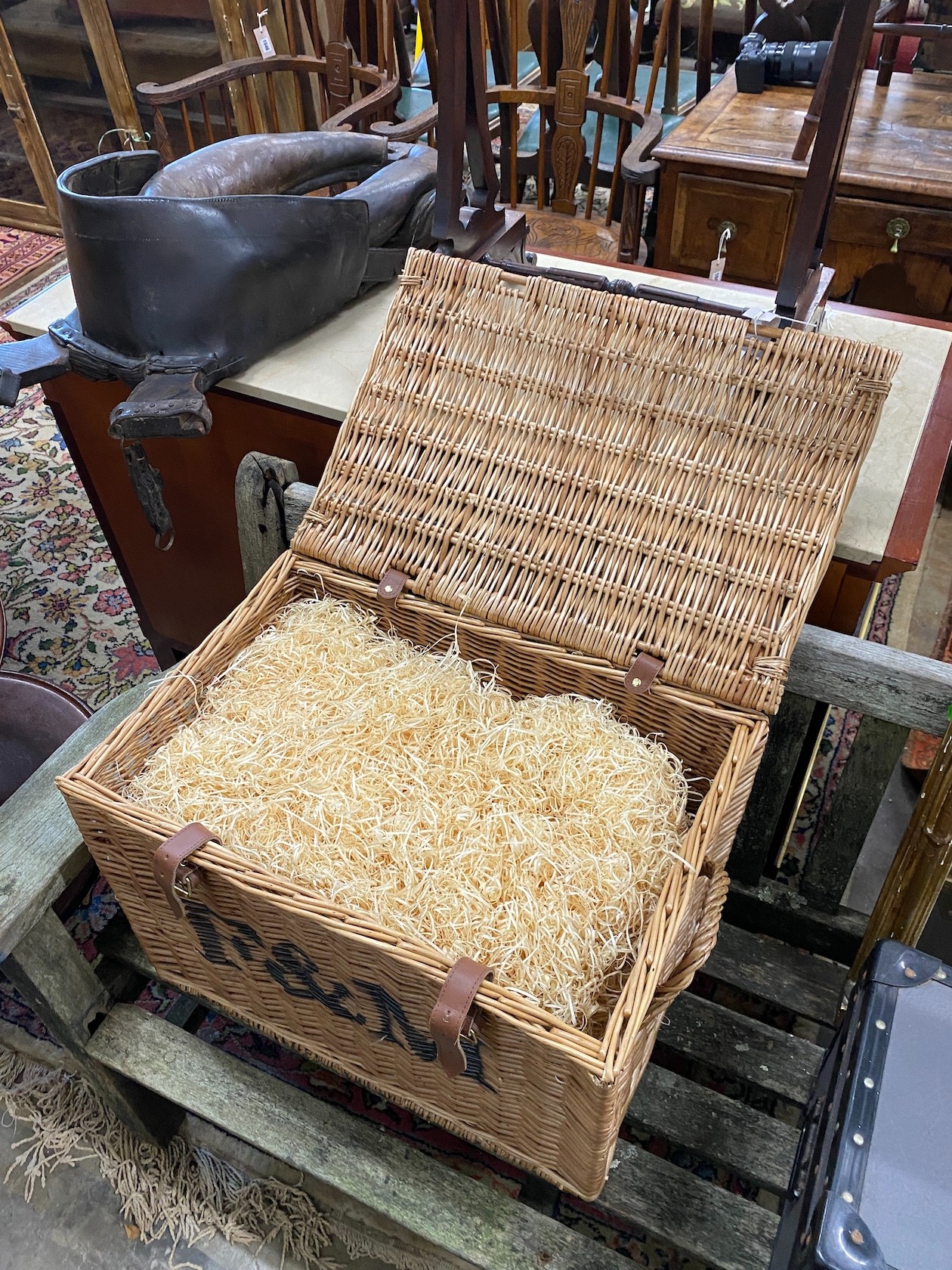 A Fortnum and Mason wicker hamper, width 58cm together with a smaller Mossman trunk